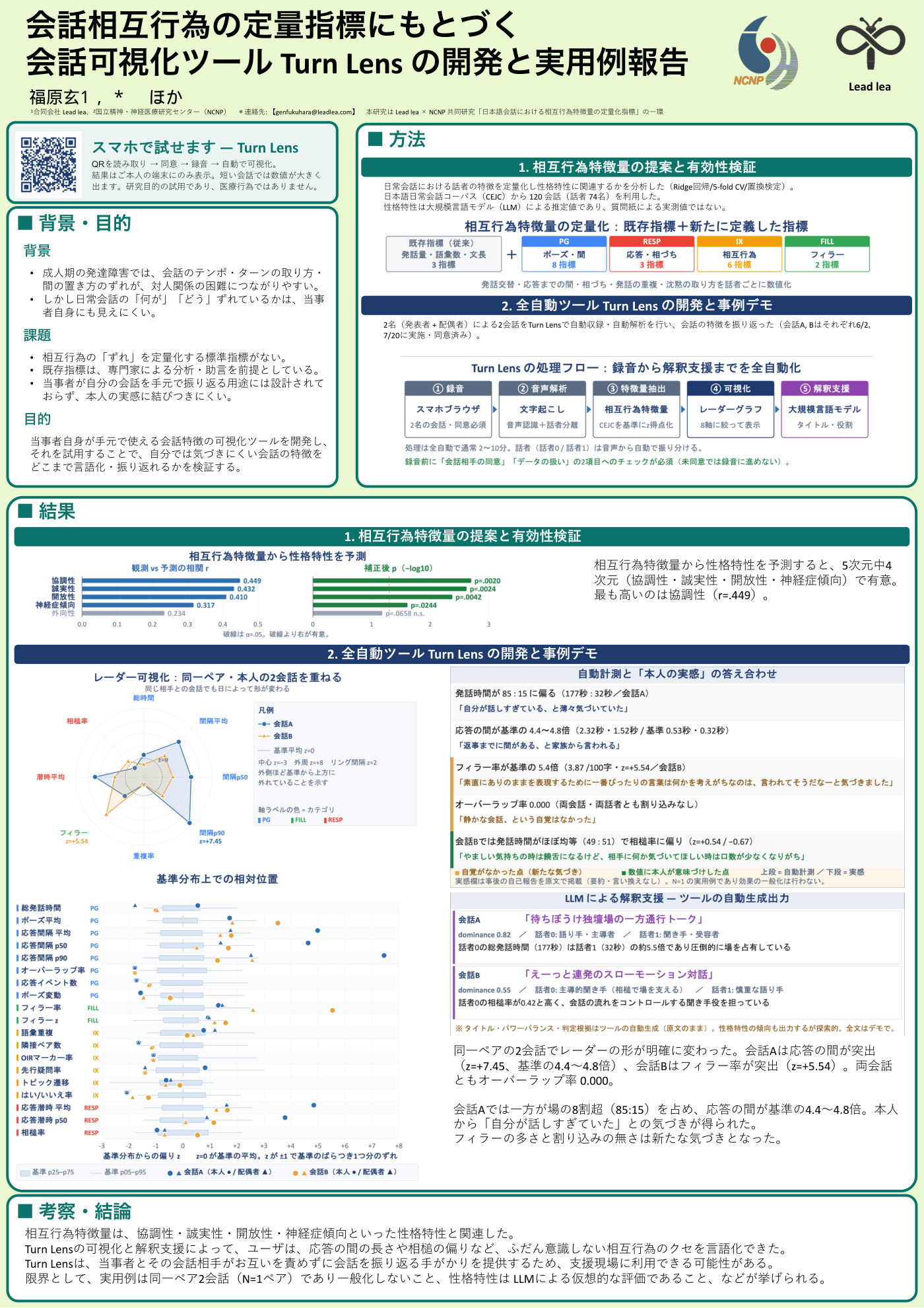 ポスター「会話相互行為の定量指標にもとづく会話可視化ツールTurn Lensの開発と実用例報告」（第13回成人発達障害支援学会 高知大会 2026）
